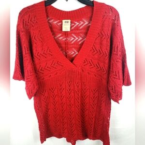 Faded Glory Red Knit V-Neck Short Sleeve Sweater Sz L